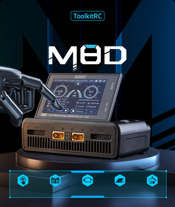Duální DC nabíječka ToolkitRC M8D 2x30A (800W)